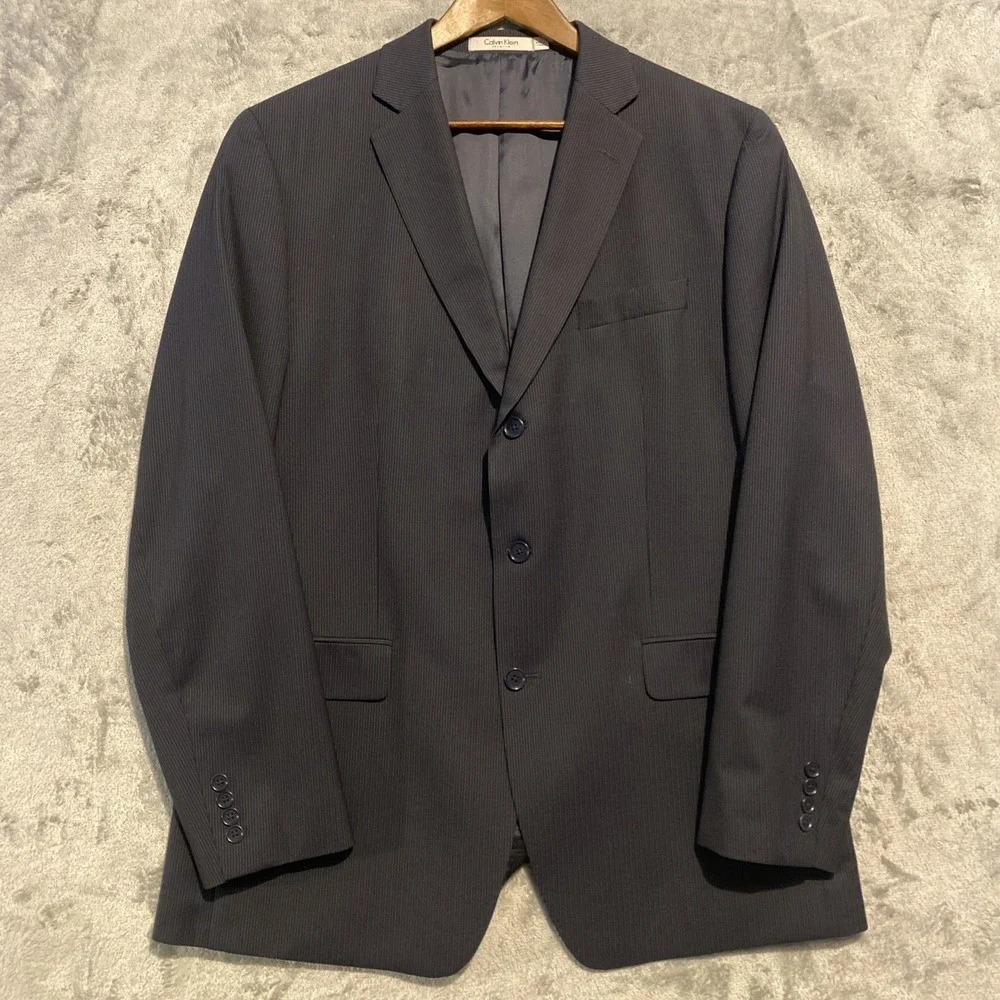 Calvin Klein Mens Black Merino Wool Suit Jacket Sz 44L Striped‎ Classic Career